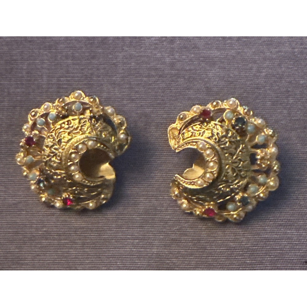 Costume Jewelry Crescent Moon Clip Earrings Faux Jewels Signed ART AS IS READ